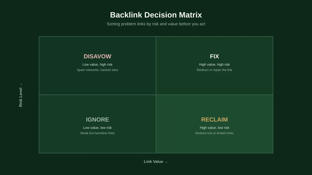 Backlink decision matrix sorting links into fix, reclaim, ignore, or disavow by risk and value.