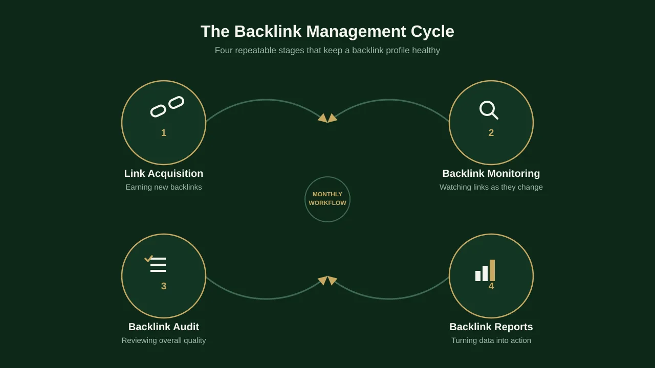 Backlink management cycle showing link acquisition, monitoring, audit, and reporting stages