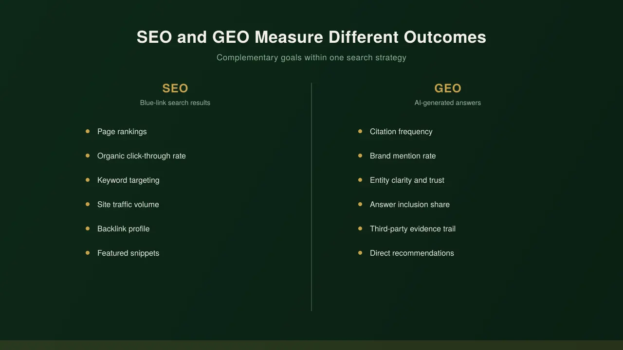GEO vs SEO comparison table showing search surface, target behavior, primary result, and key metrics