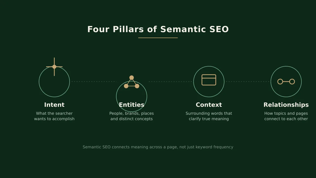 Four Pillars of Semantic SEO - Search Intent, Entities, Context, and Topic Clusters