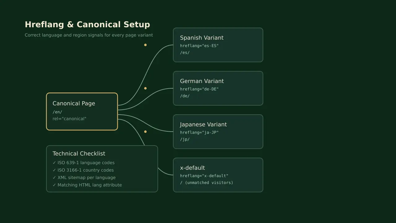 Hreflang and canonical tag setup for multilingual website language and region targeting.