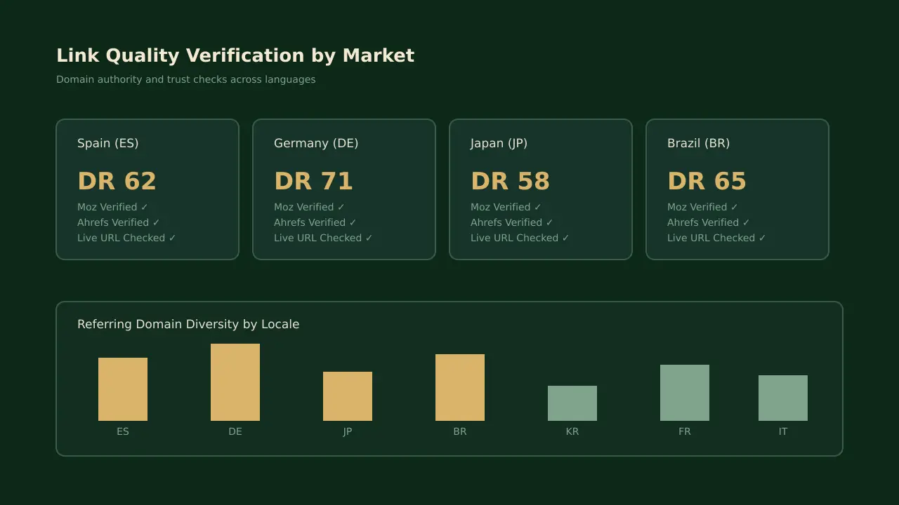 Link quality verification dashboard comparing domain rating and referring domains by locale.