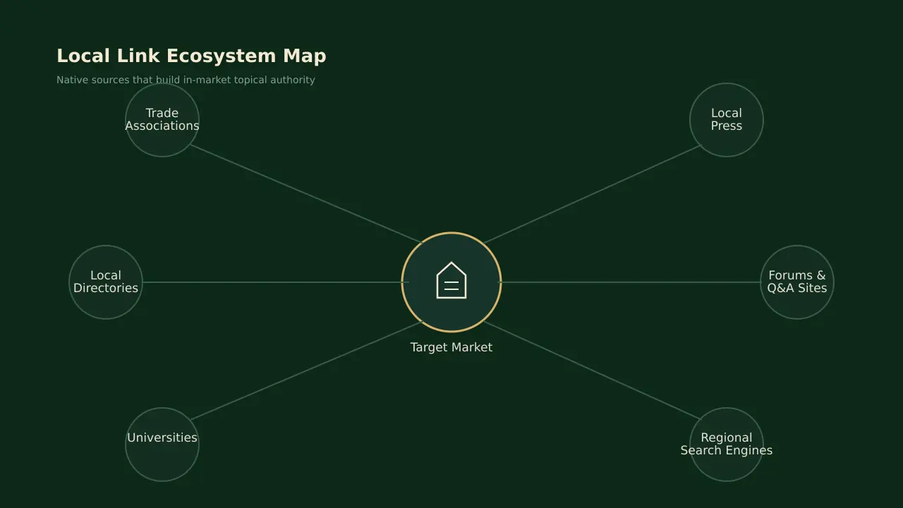 Local link ecosystem map showing native directories, press, and forums for backlink outreach.